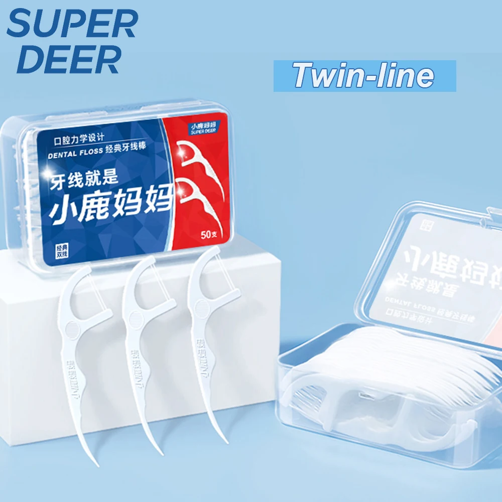 

Super Deer 50pcs Classic Twin-line Dental Flosser Ultral-fine Toothpicks Disposable Dental Floss Stick For Interdental Cleaning