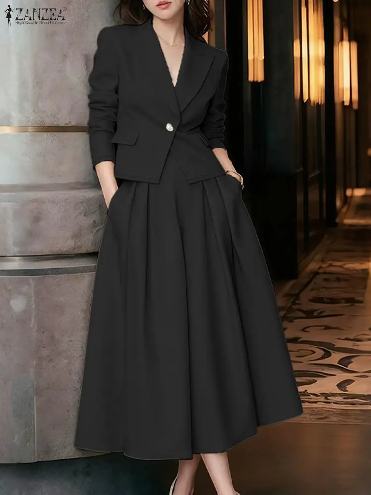 ZANZEA مكتب النساء 2 قطعة مجموعات الخريف وتتسابق 2025 أنيقة طويلة الأكمام السترة فستان البدلة موضة العمل OL رياضية تنورة مجموعات