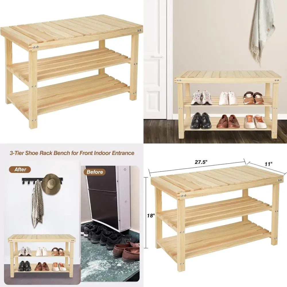 

durable 3-tier shoe storage bench, supports 350lbs, ideal for entryway, bedroom, and bathroom organization