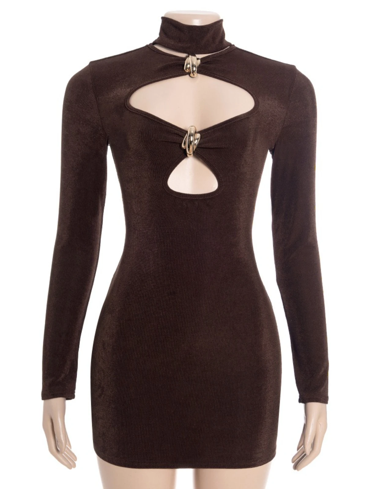 SsTss Sexy Hollow Out Bodycon Mini Dress for Women Elegant Turtleneck Metal Ring Long Sleeve Slim Fit Cut Out Club Party Dress