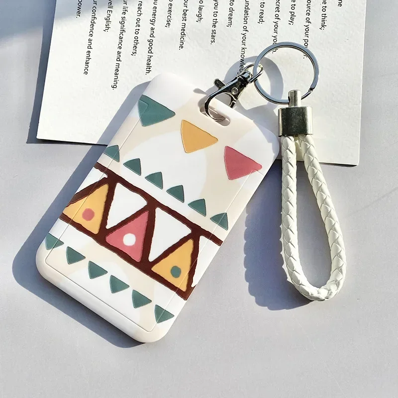 Student School Bus ID Card Sleeve Holder Key Chain Korean Cute Geometric Boy Girl Female Credit Card Cover Case