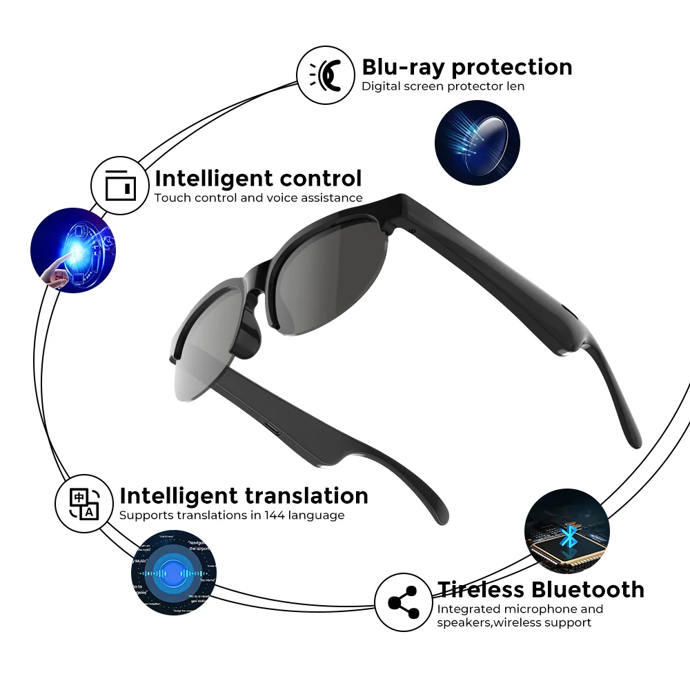 144-Language Real-Time Translator Earphones Sunglasses  AI Translation Glasses Headphone Sports Running Headsets With Microphone