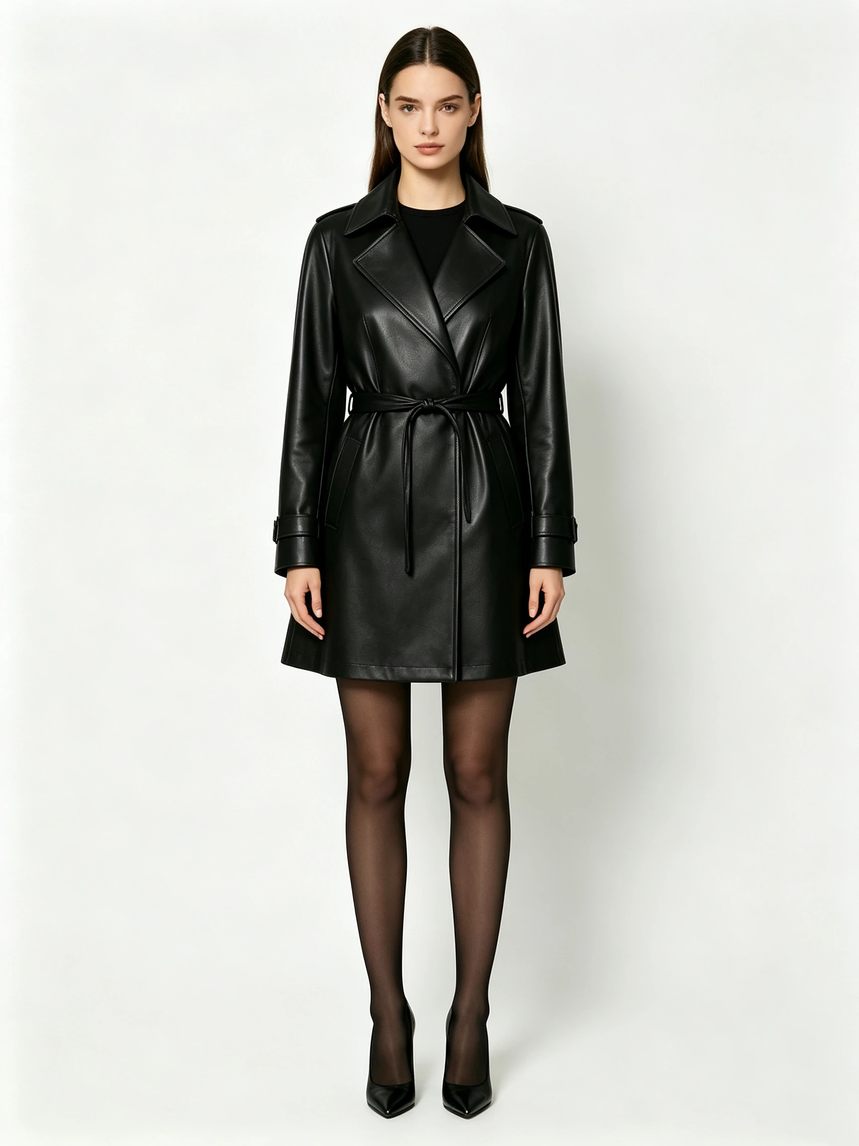 Women's Faux Leather Trench Coat with Double-Breasted Lapels and Belted Waist