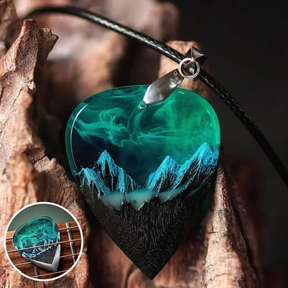 Creative Presents Guitar Pick Necklace Handmade Retro Resin Guitar Pick Heart Necklace Resin Heart Mountain Pendant