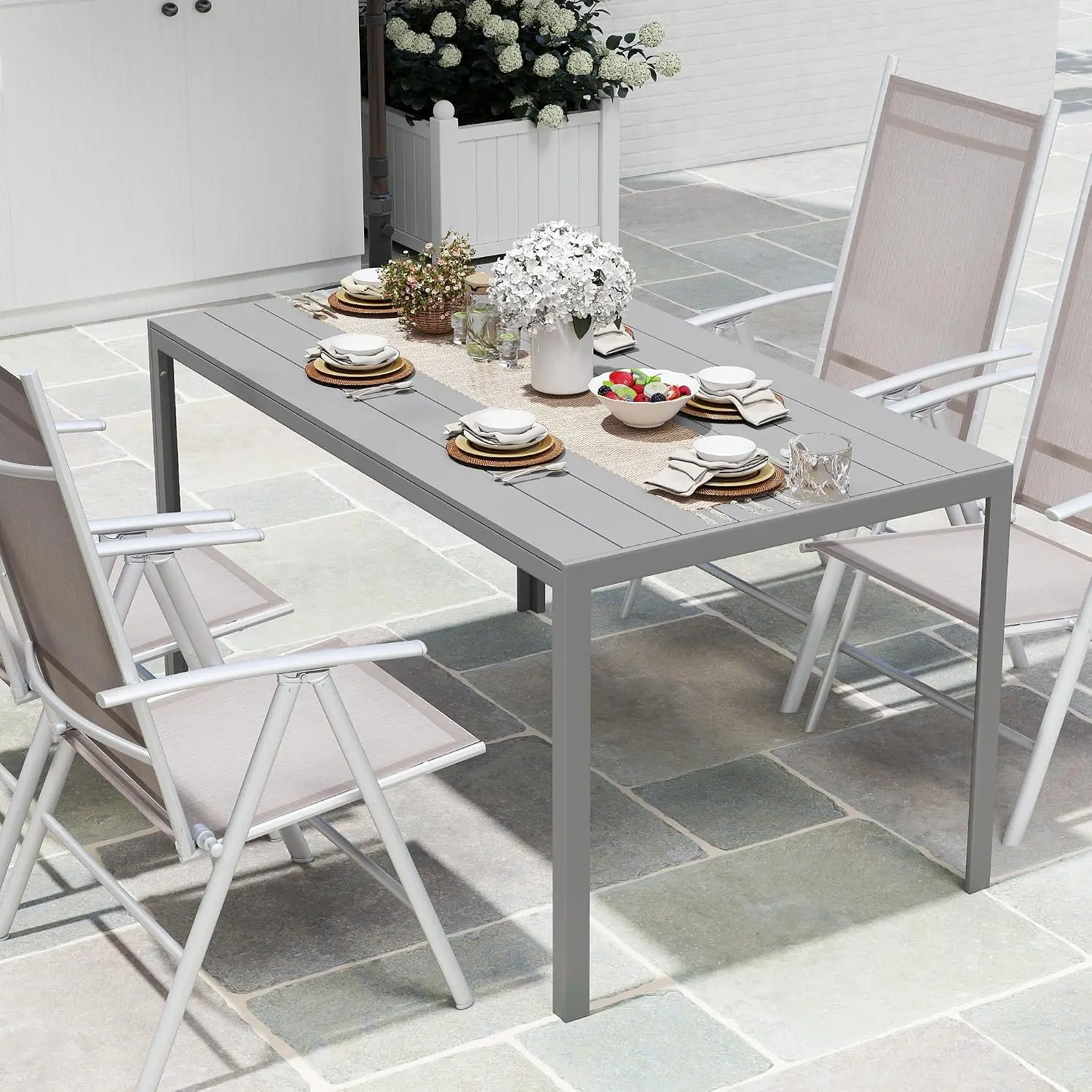 Outdoor Dining Table for 6 Person, Patio Slat Tabletop Aluminum Frame, 55