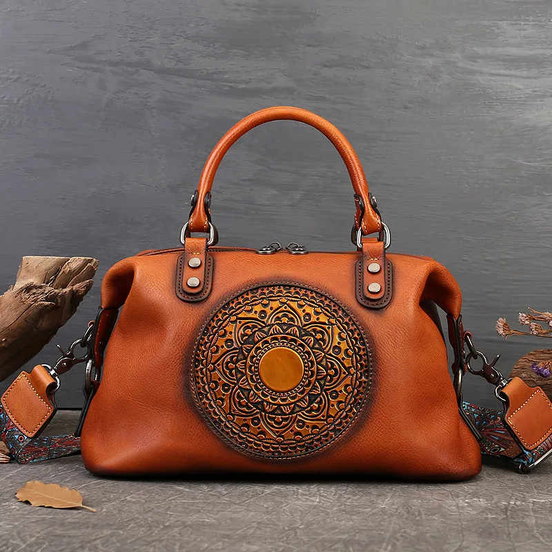 

Retro Handmade Women Handbag For Ladies Genuine Leather Should Bags Bohemian Style Soft Cow Boston 2025 Luxury Handbags