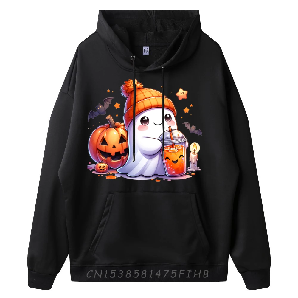 Cute Ghost Drinking Coffee Spice Halloween Ghost Ice Coffee Plain Sweatshirts Wholesale Funny Sweatshirts Graphic