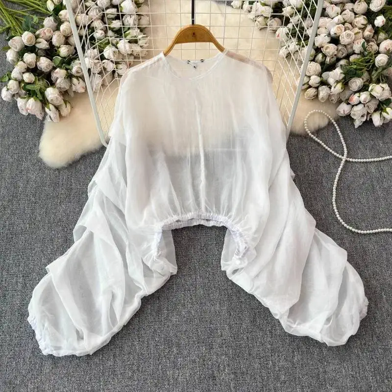 

BabYoung 235, новые летние рубашки с круглым вырезом, женские элегантные блузки с рукавами-фонариками и рюшами Y2k, нерегулярные шифоновые белые Blusas Mujer
