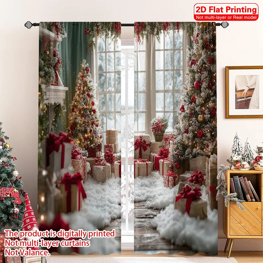 

2pcs 2D flat printing Christmas Window Curtains Winter Christmas 100% Polyester Without Electricity Birthday Party Perfect for