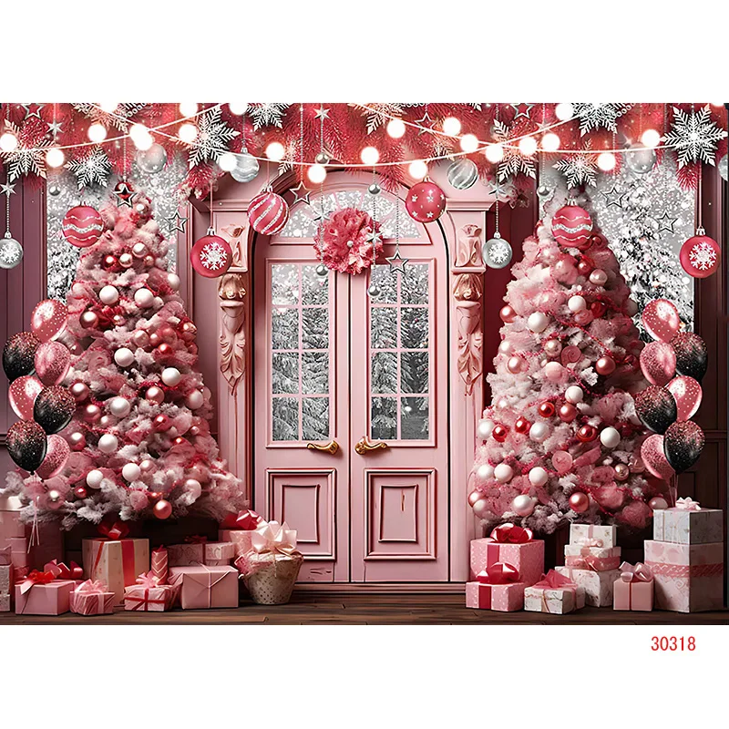 Vinyl Custom Christmas Tree Window Candy Photography Backdrop Wooden Doors Snowman Cinema Pine New Year Background Prop LPR-02