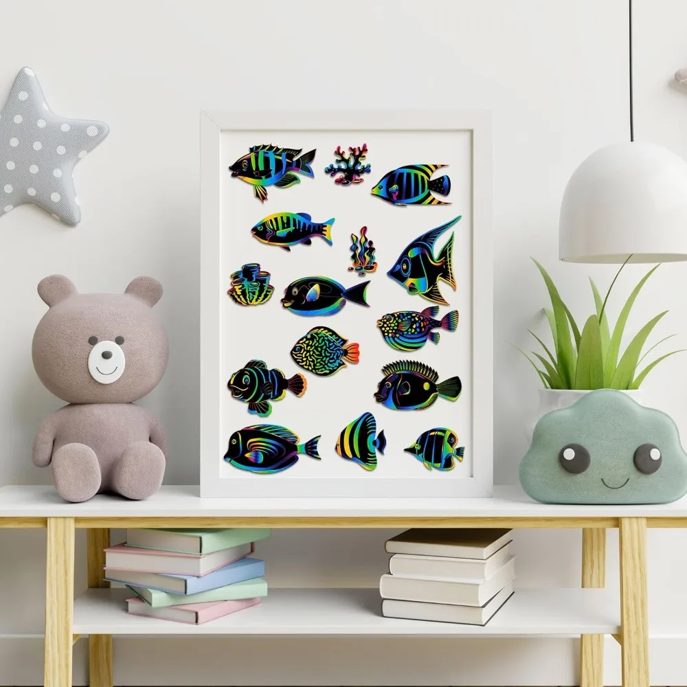 열대어 스크래치 카드 60장, 해양 스크래치 수공예품, 어린이는 바다 아래에 나무 펜을 사용합니다.