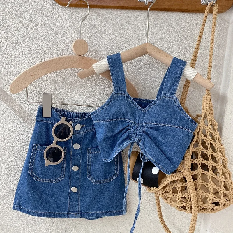 Fashion Baby Girl Denim Clothes Set Strap Vest+Skirt 2PCS Kid Jean Drawing String Crop Top Suit Outfit Baby Clothes 2-10Y