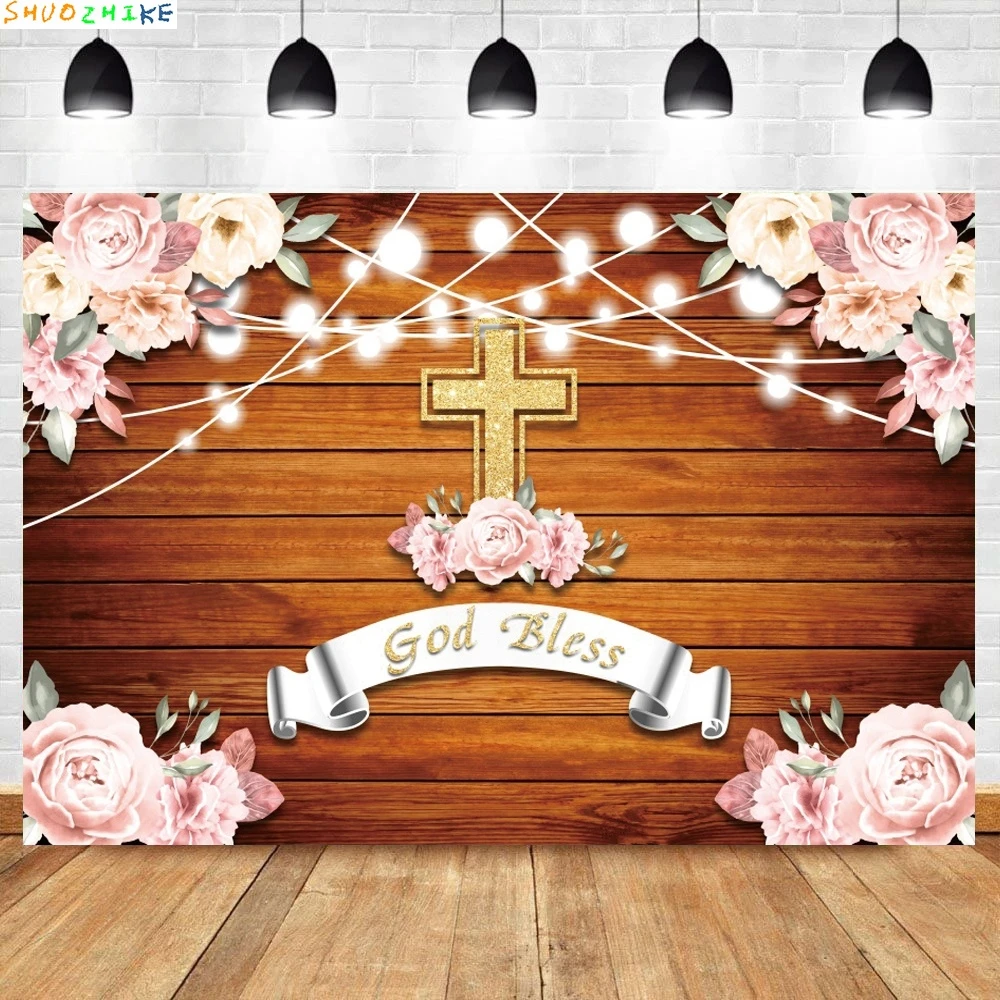 Tuhan memberkati Komuni Pertama saya bayi Baptis papan kayu latar belakang dinding anak laki-laki perempuan salib emas bunga biru latar belakang fotografi