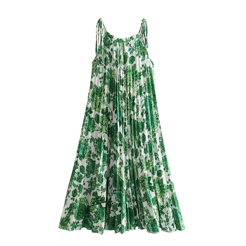 Frenum Holiday Print Beach Dress Vacation Casual Lady Spaghetti Strap Lace-up Dress Green Flower Pattern Sleeveless Dresses