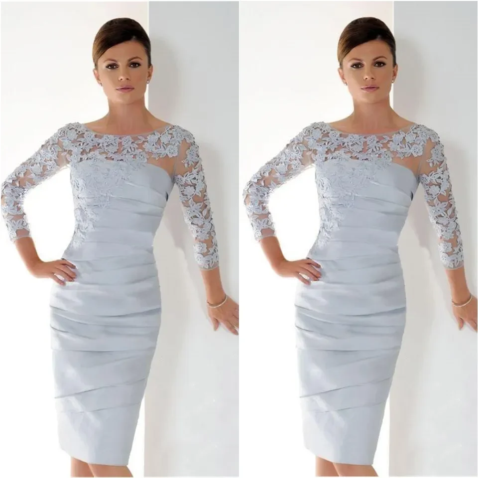 

Graceful Short Mother of the Bride Dresses with 3/4 Sleeves Lace Appliques Pleats Plus Size Knee Length Women Formal Gowns