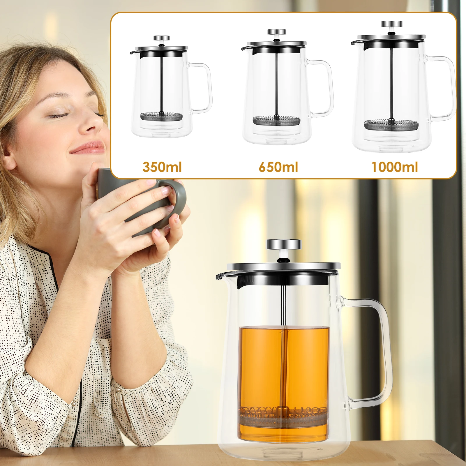 350/650/1000ml French Press Coffee Maker Double Wall Glass French Press Clear French Press Tea Maker Multifunctional Coffee