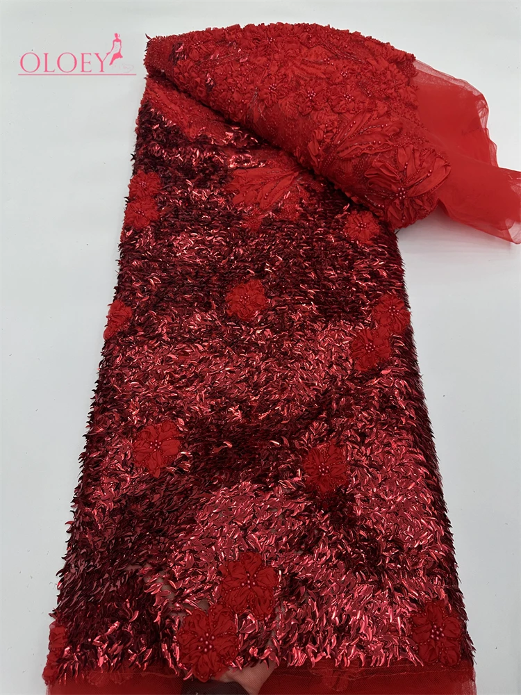 

OLOEY Burgundy 3D Luxury French Sequin Lace Fabric 2026 Fashion African Nigerian Mesh Embroidered Beaded Lace Fabric Bridal Gown