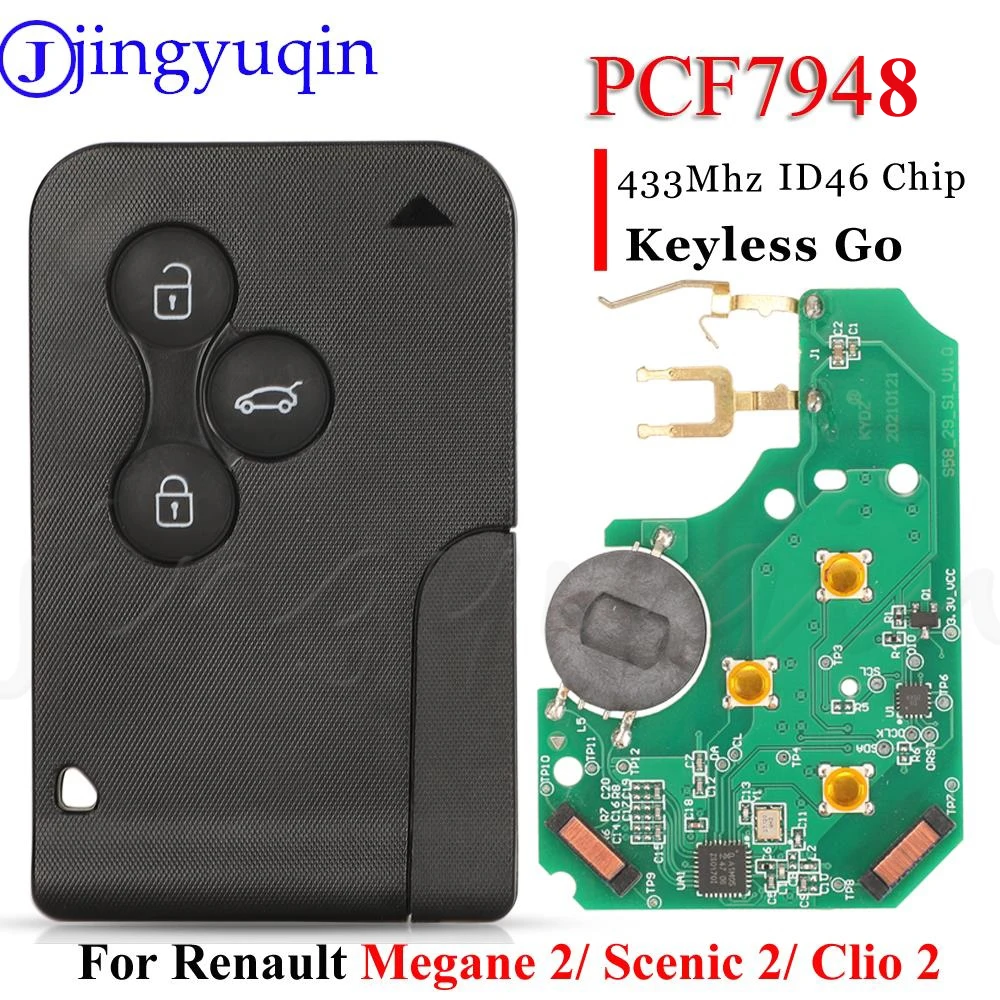 

jingyuqin 3Button Remote Car Key Fob 433MHz ID46-Pcf7948 Chip For Renault Megane 2 Scenic 2 Clio 2 FOB BCM Keyless Go Hands Free
