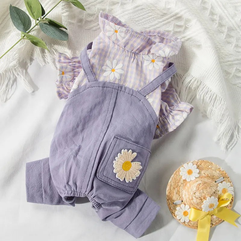 

Dog Pet Clothes Suspender Pants Thin Cute Items Solid Soft Spring Autumn Leisure Casuals Purple Floral Shirts For XS-XL Pets