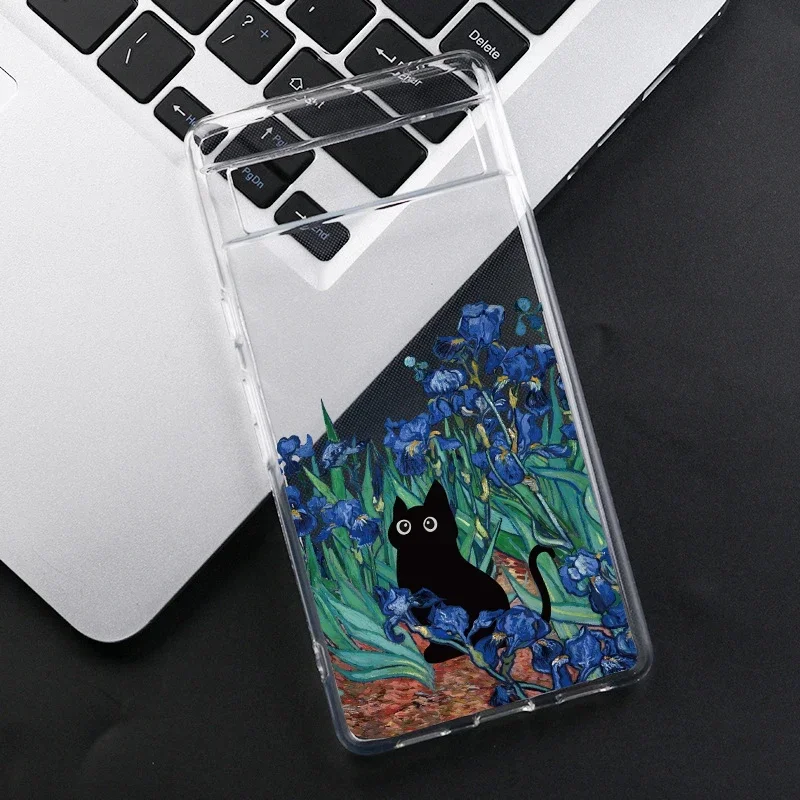 Cartoon Van Gogh Black Cat Phone Case For Google Pixel 8A 8 7 9 Pro XL 6A 5G Retro Oil Painting Transparent Soft Cover Fundas