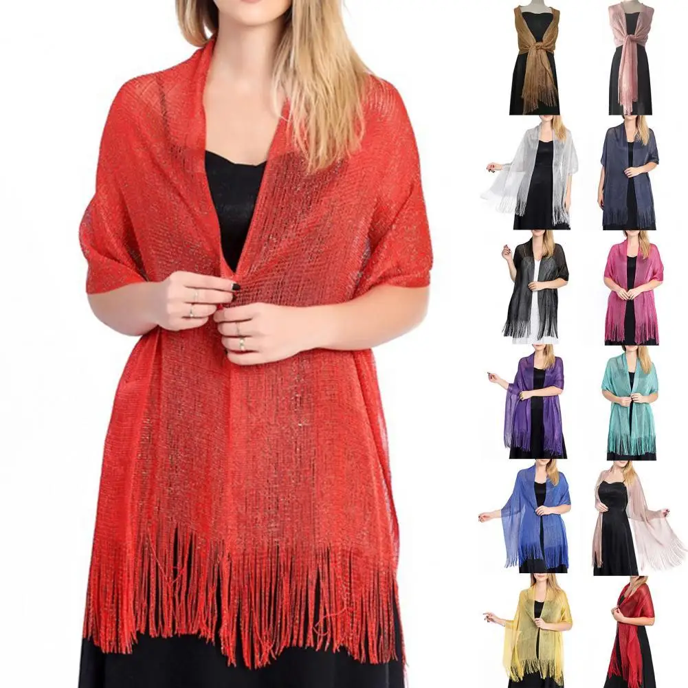 Elegant Bride Shawl Ultralight Pure Color Tassels Decor Evening Shawl for Female