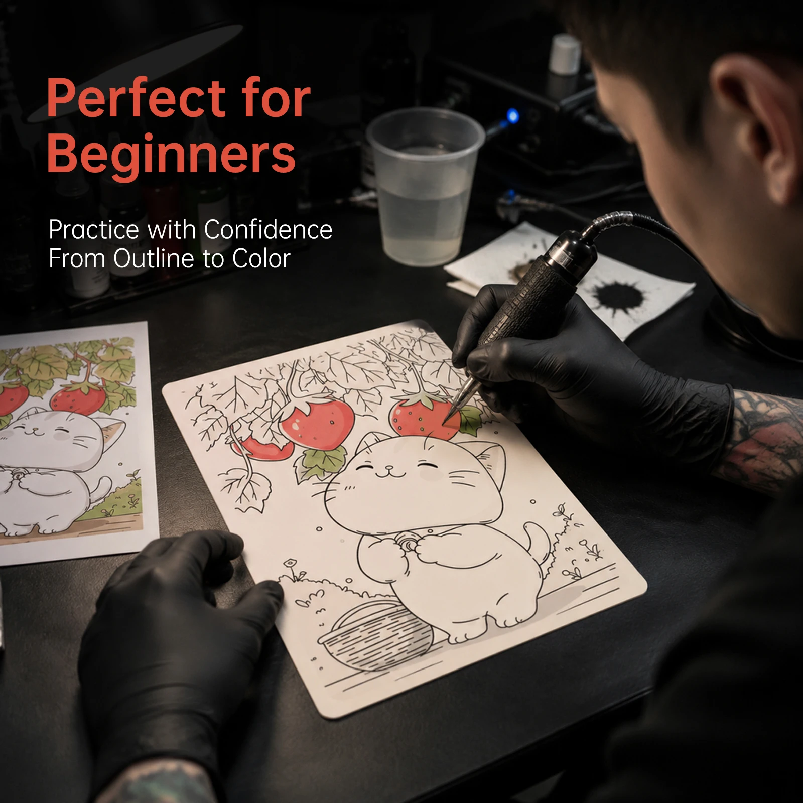 Pre‑Printed Outline Tattoo Silicone Practice Skin 28.7×19cm Fake Skin For Lining Shading Coloring Beginner Tattoo Training