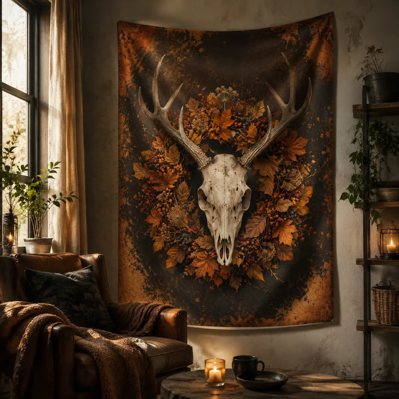 VIKAMA Vintage Autumn Deer Skull Tapestry, Gothic Wall Hanging, Halloween Fortune-Telling-Style Home Decor