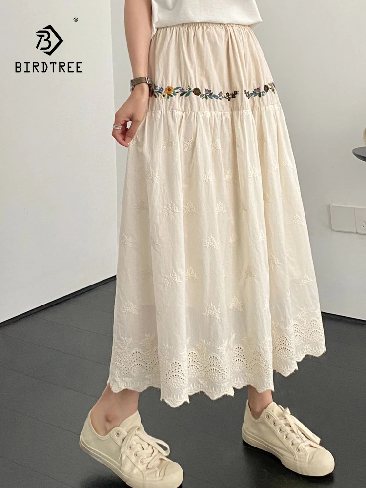 New Spring Cotton Embroidery Gentle Skirt Women A-Line Elastic Waist Skirt Girl Versatile Literature Skirt 2024 Summer B444109QC