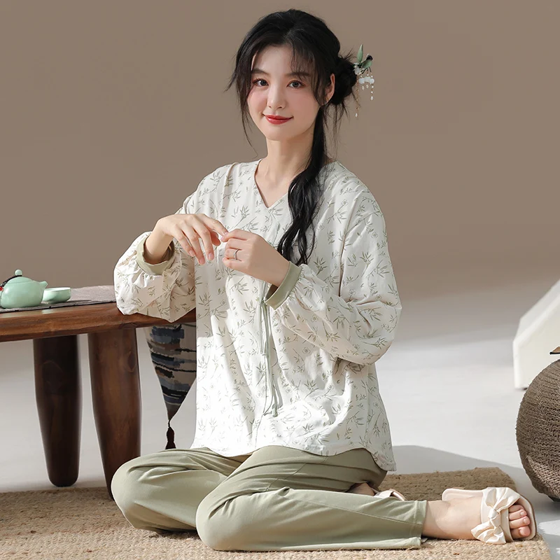 Autumn Women's pajamas Cotton pijama mujer Long Sleeve Round Neck Women pajama set Casual Soft Female Sleepwear Pyjama 2