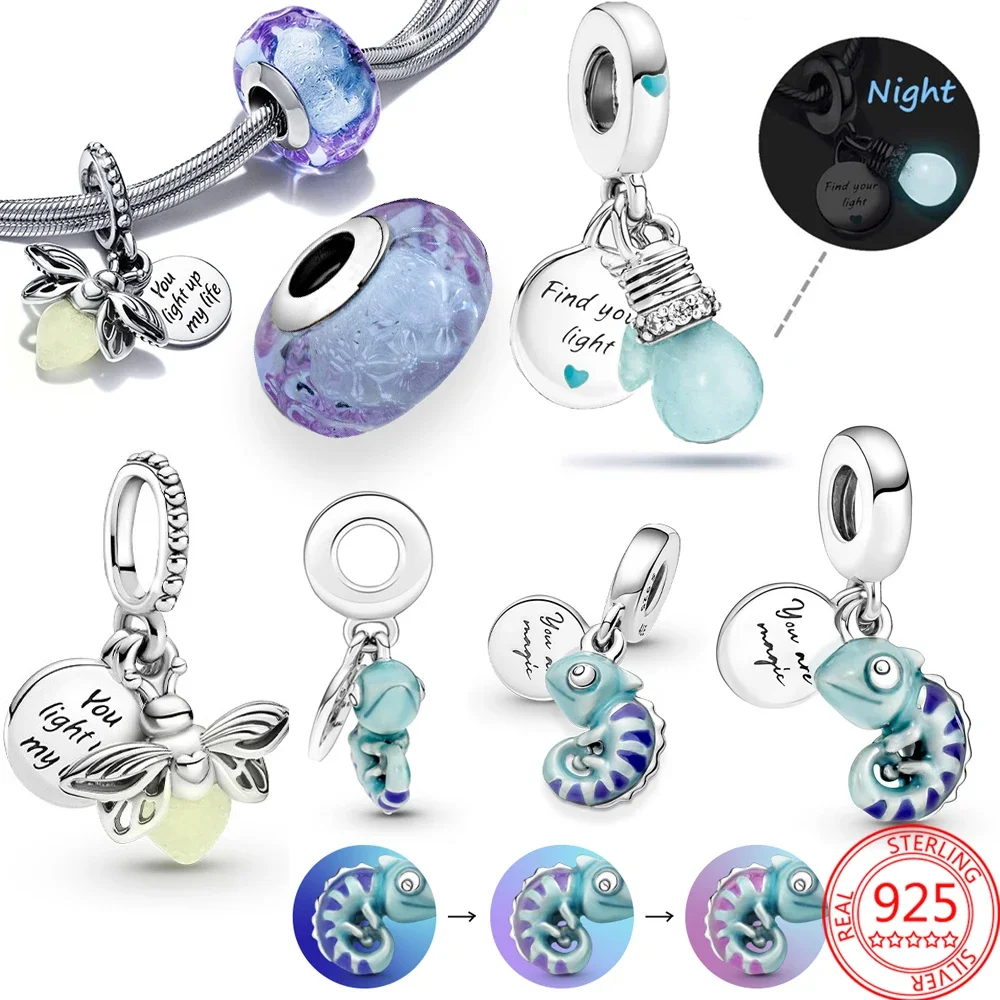 

Fit Pandora 925 Original Bracelet Chameleon Luminous Firefly Butterfly Silver Charms Beads For DIY Christmas Jewelry Gift Making