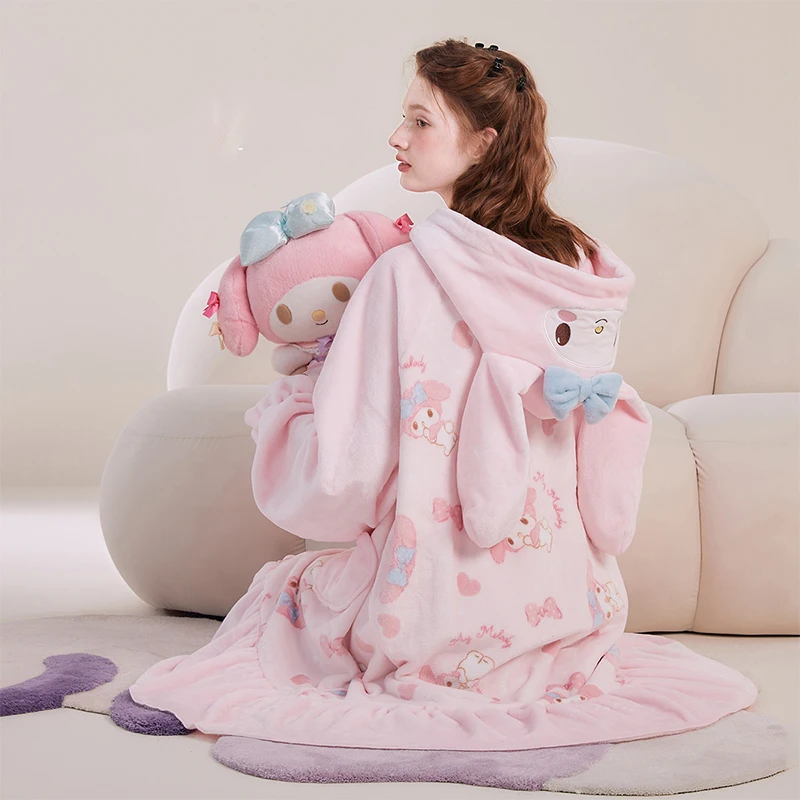 Cartoon Donna Peluche Pigiama Robe Set My Melody Sanrio Anime Kawaii Homewear Inverno Stile lungo Addensato Camicia da notte Pantaloni Dolce