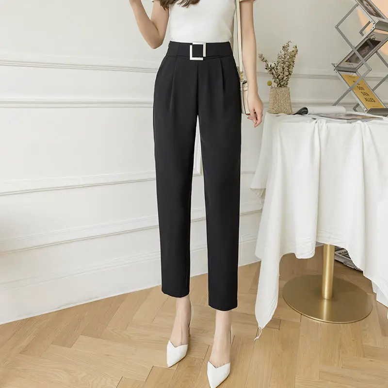 Pants For Women Korean Plain Aesthetic Fashion Cigarette Pants Black Straight Casual High Waist Trendy Loose Suit Chiffon Thin