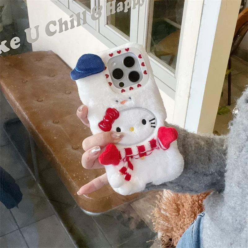 

Winter Warmth Plush Phone Scarf Hello Kitty Snowman KT Phone Case For iPhone 13 14 15 16 Pro Max Cartoon Wool Warmth KT furry