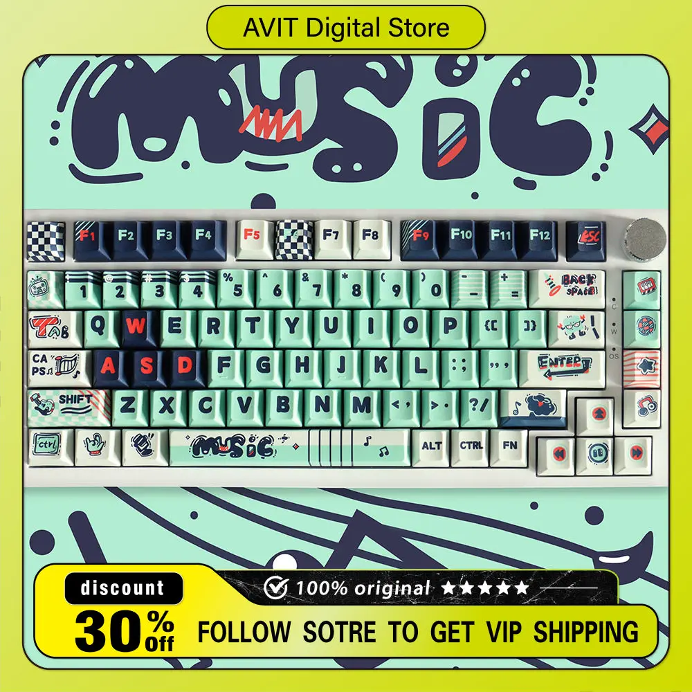 Music Party Theme PBT Keycaps 5-Sided Dye Sublimation Clear Characters Custom Keycap Set for Cherry MX Switch Mechanical Keycaps