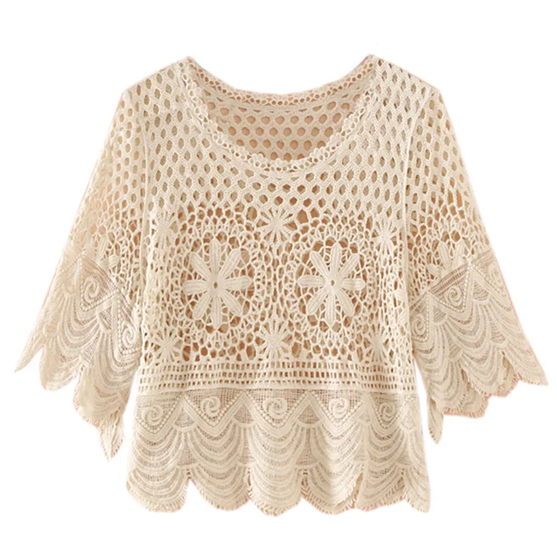 Camisa de punto de malla para mujer, Top suelto, blusa ahuecada, manga corta de campana, primavera y verano, venta al por mayor