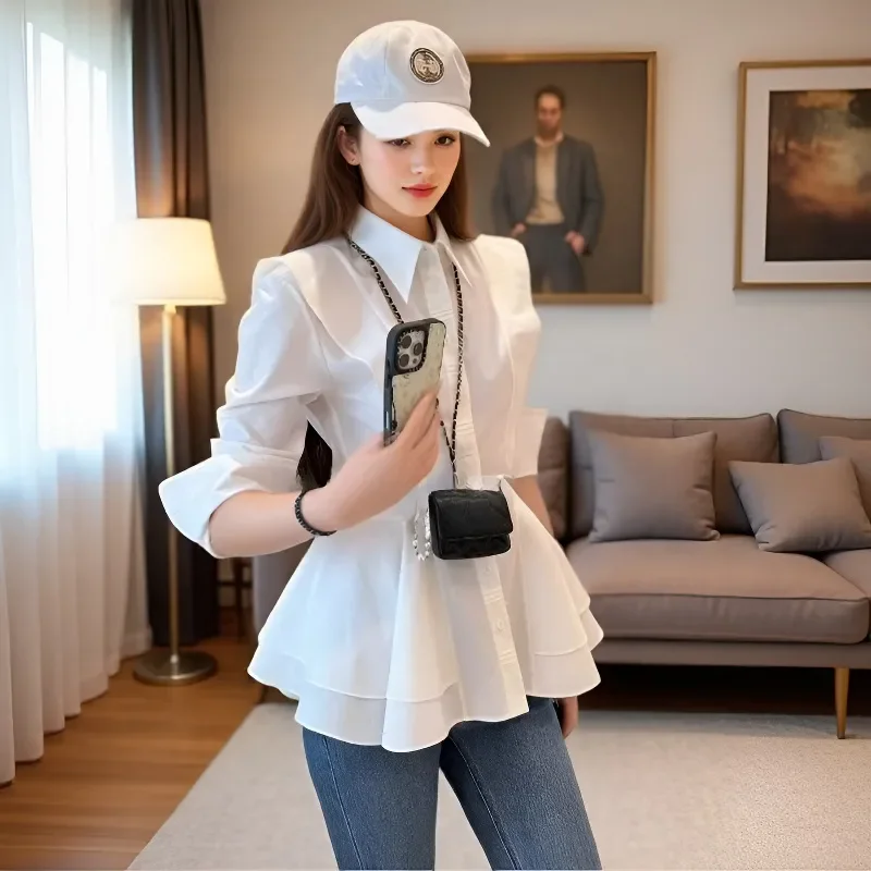 

New Women Elegant Layered Peplum Blouse Casual Lapel Button Down Shirt Puff Sleeve Waist Cinched Top for Office Lady Daily Wear
