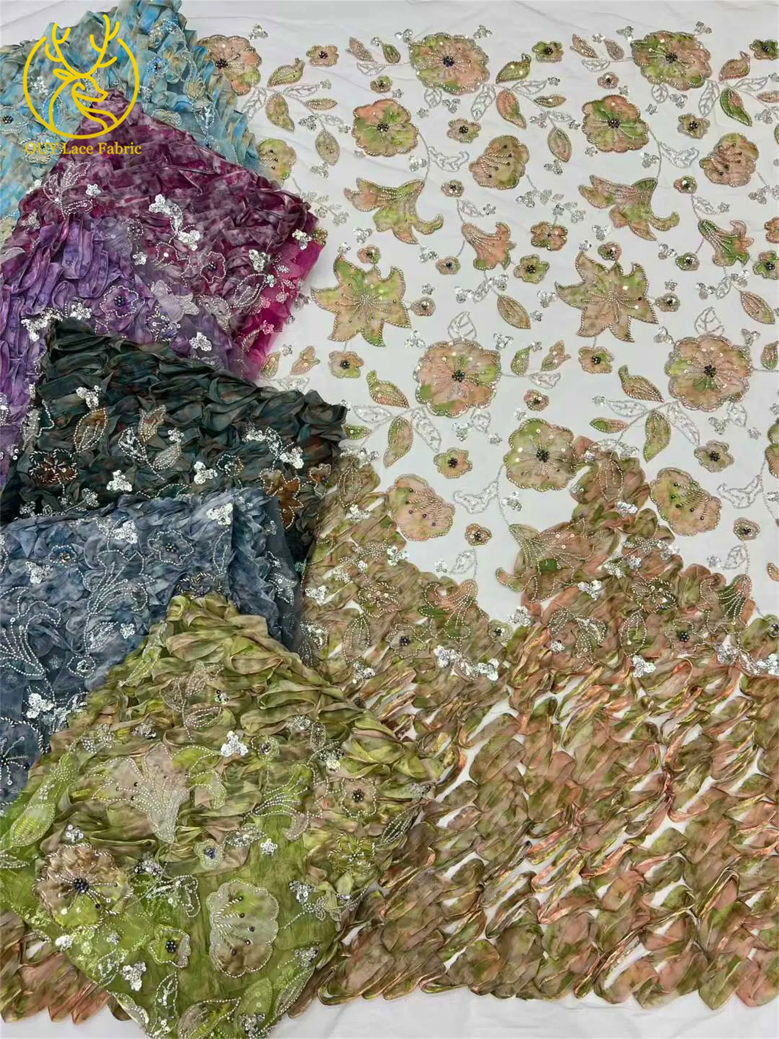 Latest 3D Nigerian African Elegant Women's Dresses Beaded Sequins Fabric French Tulle Embroidered Lace Fabric for Party Wedding