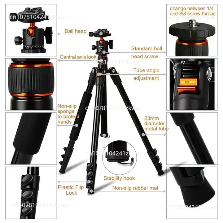 Adjustable height camera tripod bracket aluminum 4-section 61.4in/161cm 10KG payload, with panoramic 360 rotating ball head