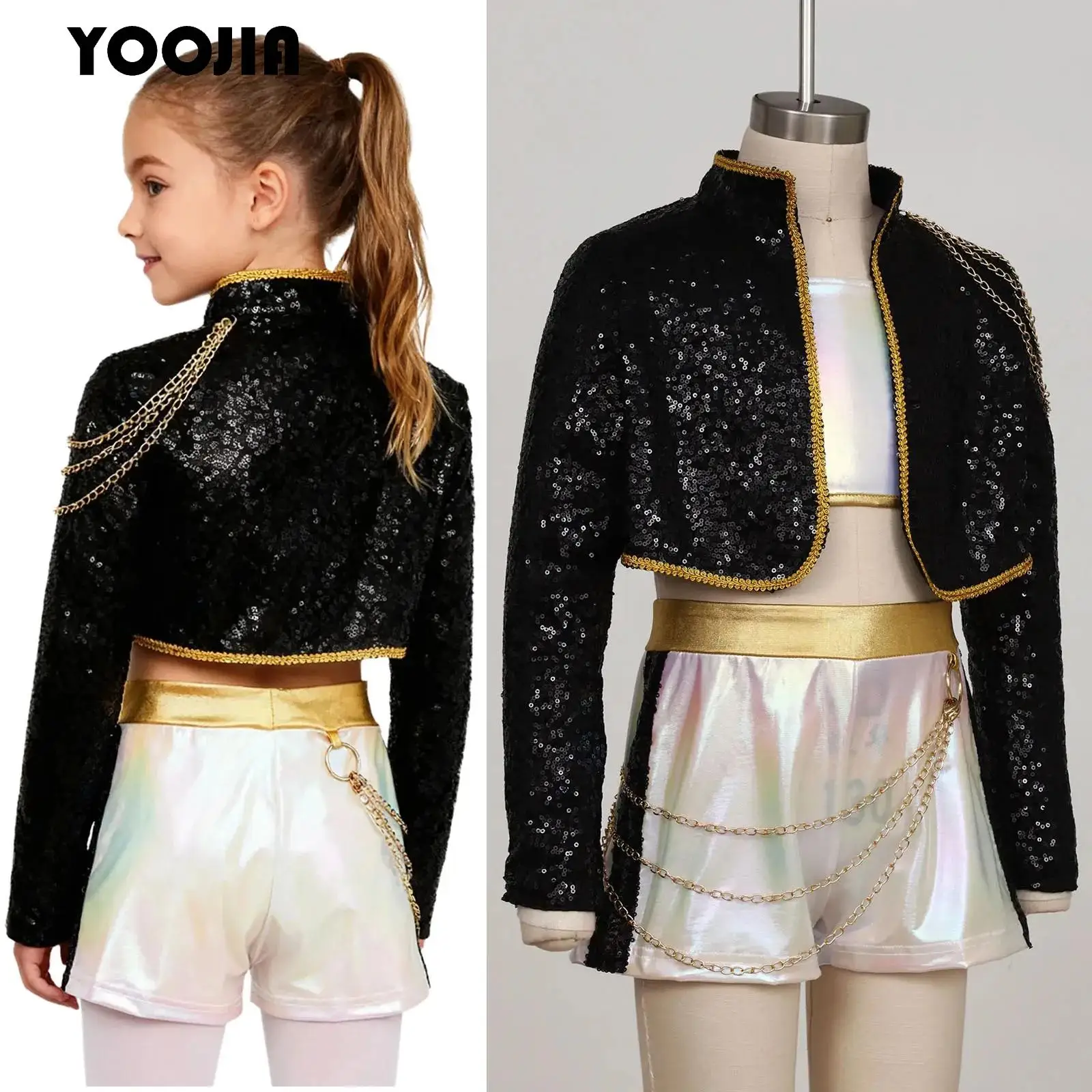 

Halloween Demon Cosplay Hunter Singer Costume Anime Outfits for Girls Sequins Jacket Gloss Crop Top and Waist Chain Shorts Set