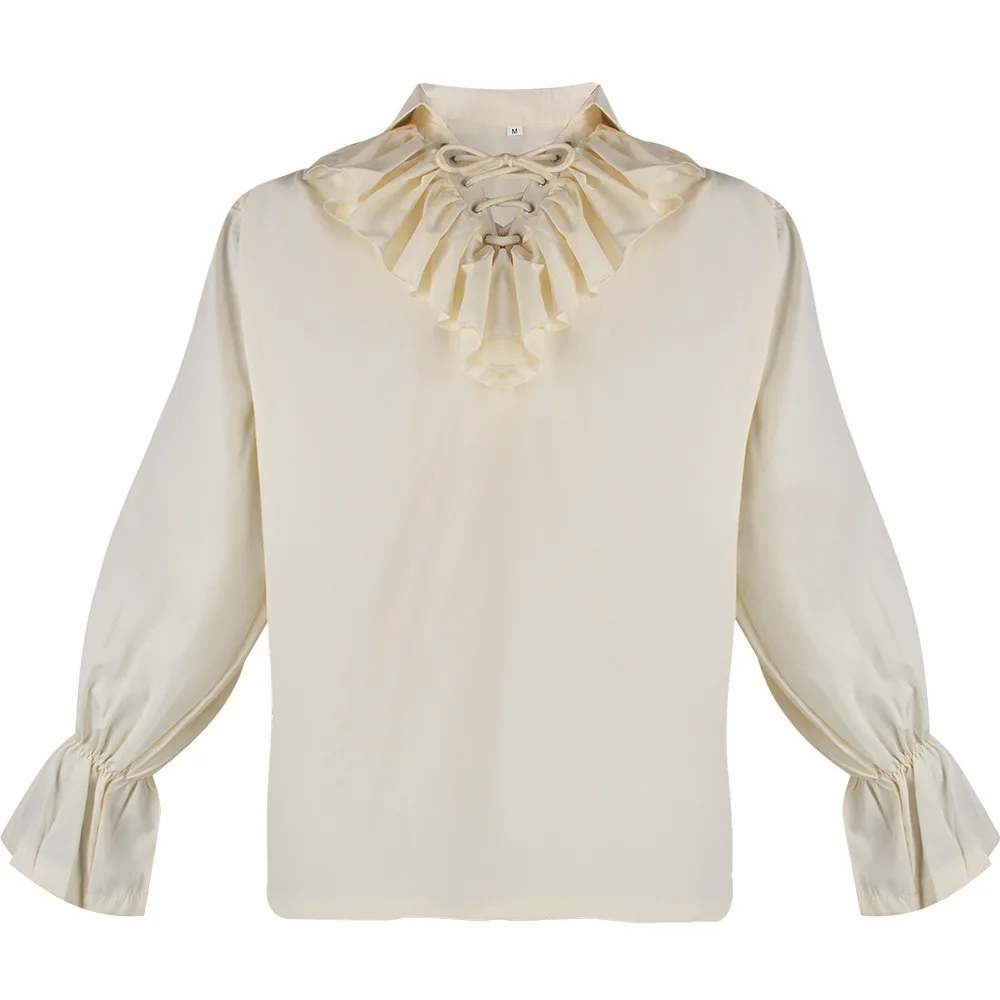 Medieval Style Men's Pure Color Shirt Puffy Sleeve Folded Collar Vintage Top Cosplay Costume Summer New Arrival