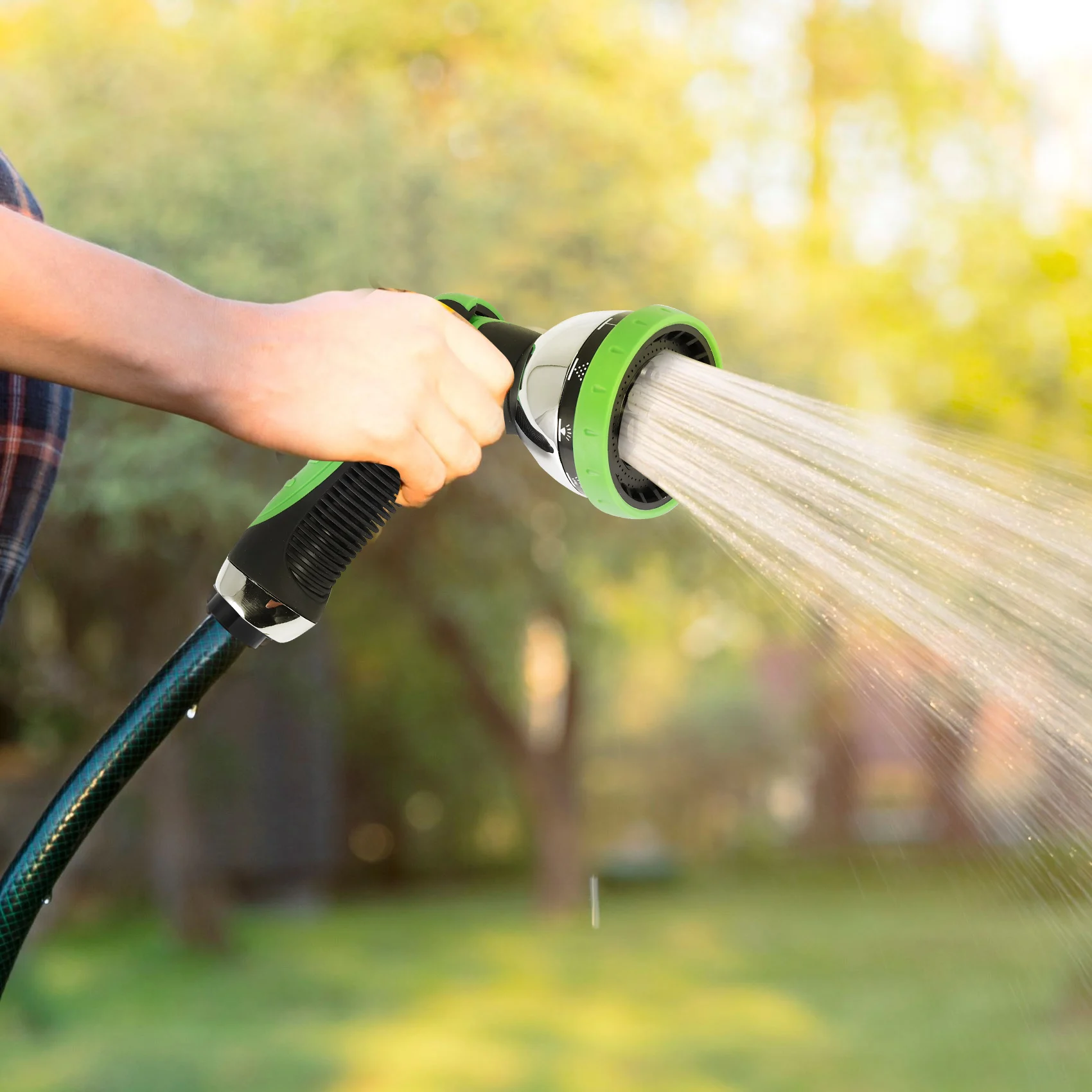 A04G-Garden Hose Nozzle Spray Nozzle 10 Hose Metal Duty Watering Patterns Thumb Control On Off Valve Water Green
