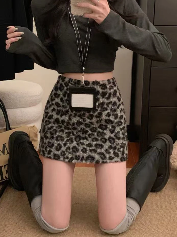 Vintage Leopard Print Mini Skirts for Women Spring New Faux Lamb Slim Skirts Y2K Korean High Waist Streetwear Bodycon Skirts New
