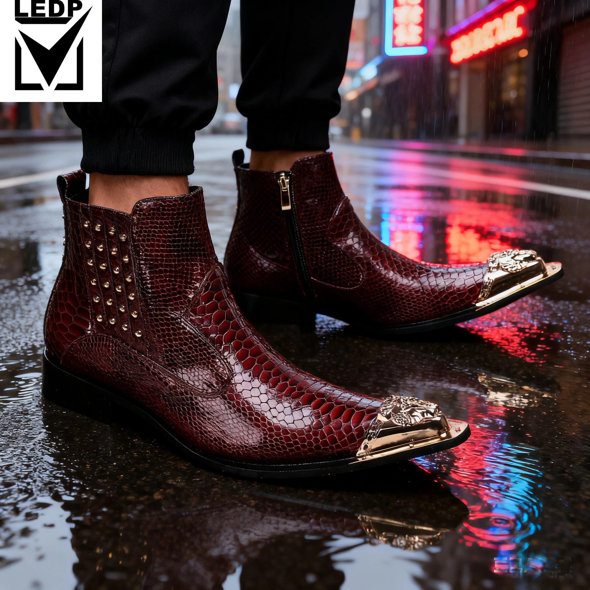 

Punk Retro Snake Skin Ankle Boots Men's Metal Pointed Toe Rivet Dress Shoes Luxury Rock Style Party Casual Footwear