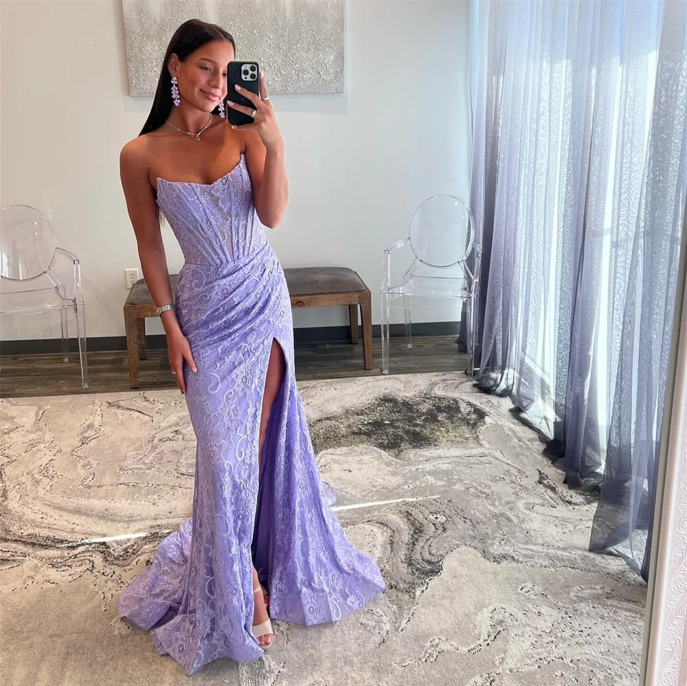Cathy Lavender Mermaid Prom Dresses Lace Embroidery Evening Dress Elegant Off Shoulder Side Split Long Train vestidos de fiesta