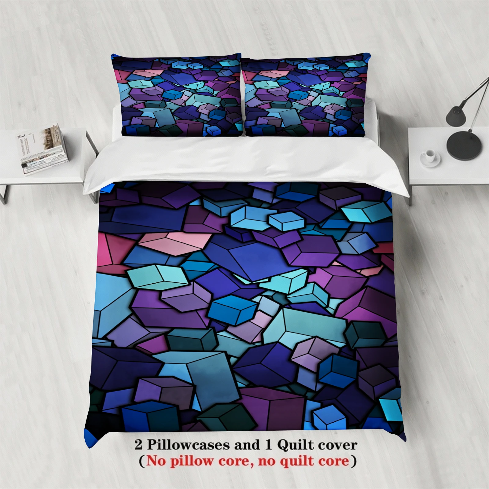 3PCS 3D Iridescent Geometric Cube Duvet Cover Set with Pillowcases Modern Minimalist Bedding No Insert Queen King SizeSize