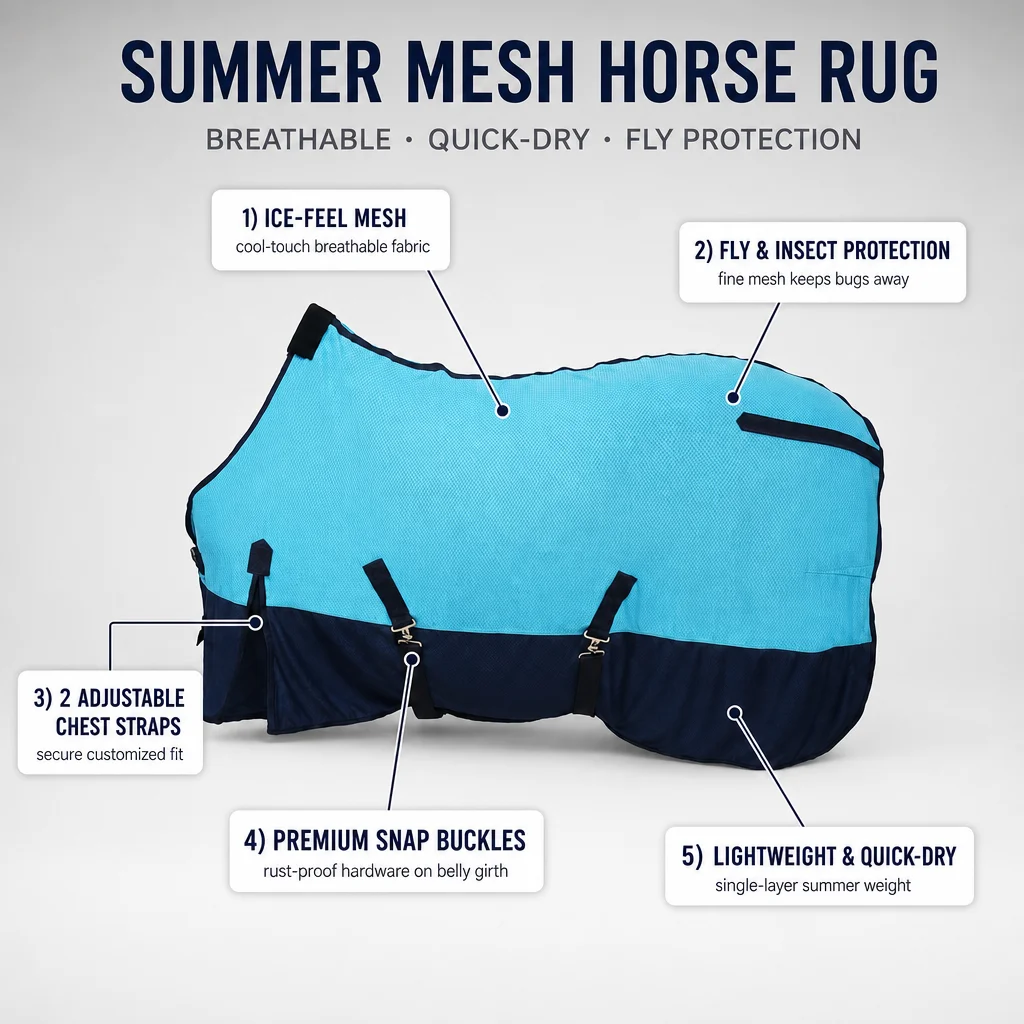 Lightweight Breathable Quick Dry Horse Fly Sheet Summer Cooling Mesh Turnout Rug Horse Cover for Riding Training Equestrian