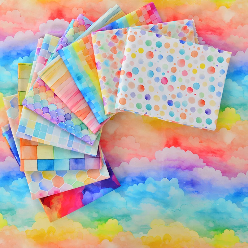 Plain Cotton Fabric Colorful Rainbow Cloud Printed Handmade DIY for Sewing by Half Meter