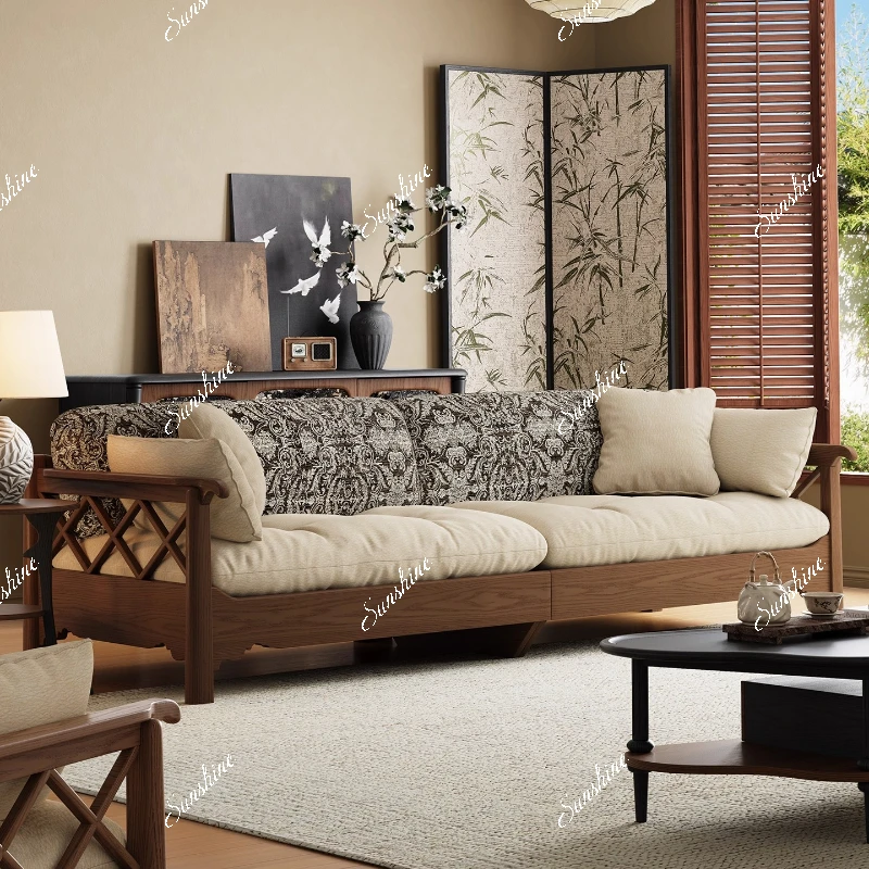 

French retro, solid wood straight row sofa size apartment living room