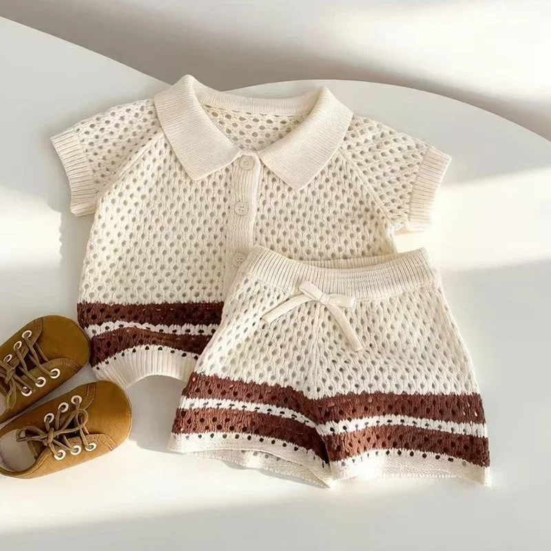 2026 New Summer 0-4Yrs Children Clothes Suit Infant Baby Girls Boys Clothing Set Short Sleeved Knitted Cardigan+Shorts