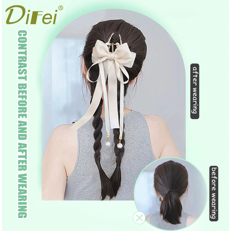 DIFEI Synthetic Wig Braid Female Grip Double Ponytail Bow Boxing Braided Hair Natural Lazy High And Low Ponytail